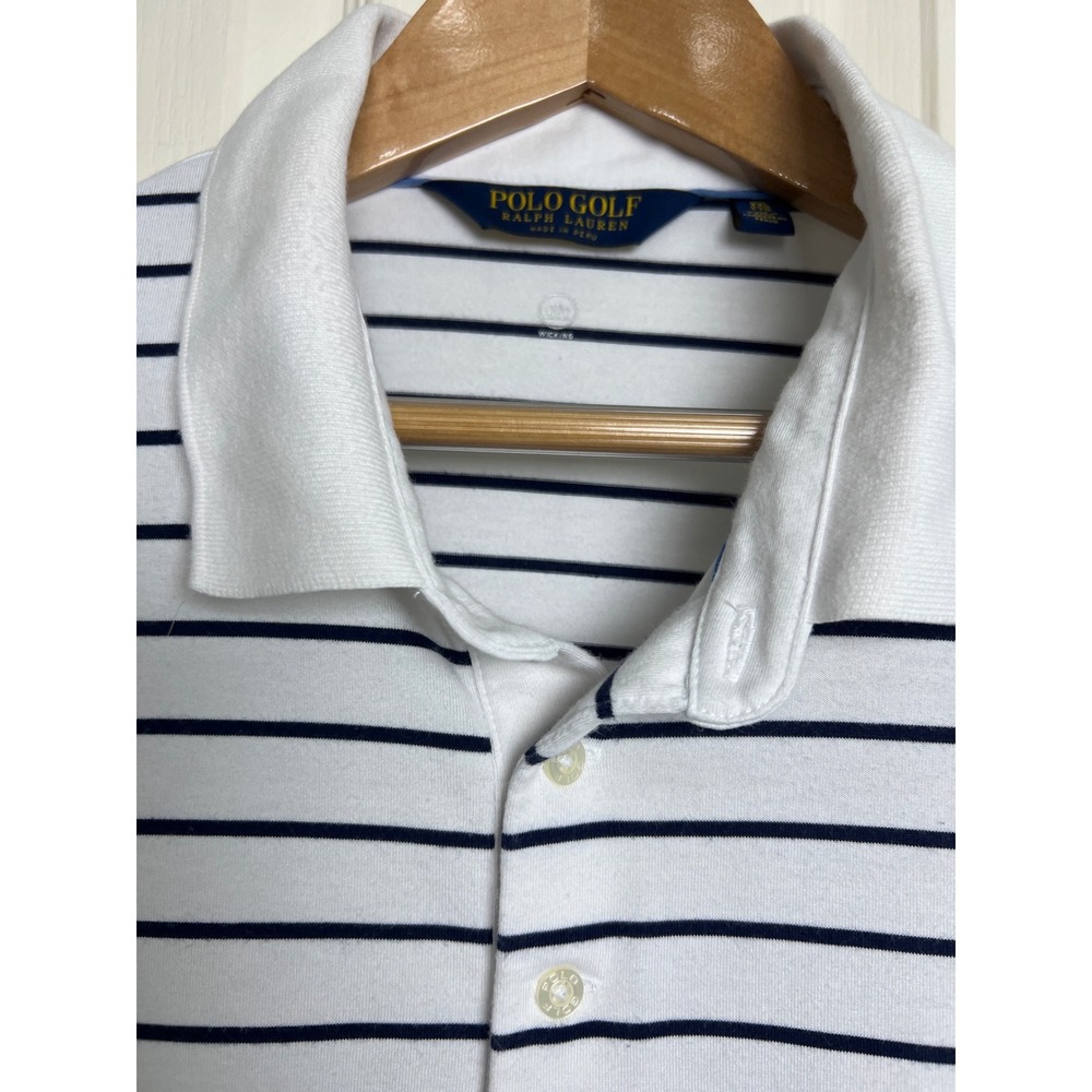 Polo Golf Ralph‎ Lauren Polo Mens XXL White Blue Striped Wicking Performance D20 - Picture 9 of 12